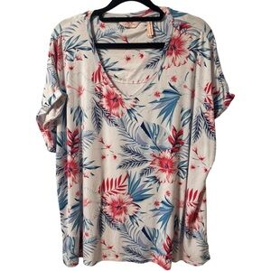 Millers Tropical Short Sleeve Top Womens Tee 3X Red Blue Floral Pattern Hawaii